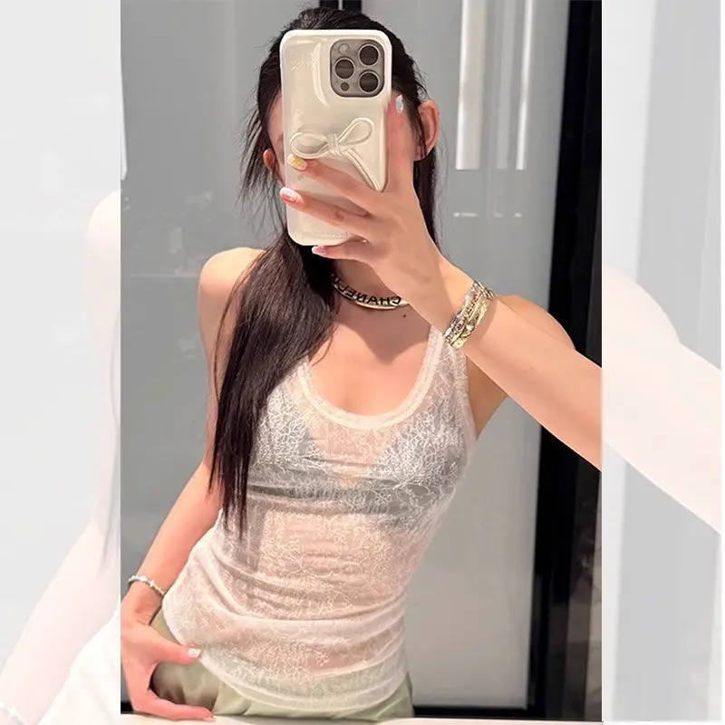 See-through Lace Camisole Tee Sexy U Collar Fashion White Sleeveless Tank Tops Hot Girl Slim Fit Beach Vacation Mesh Halter Tops