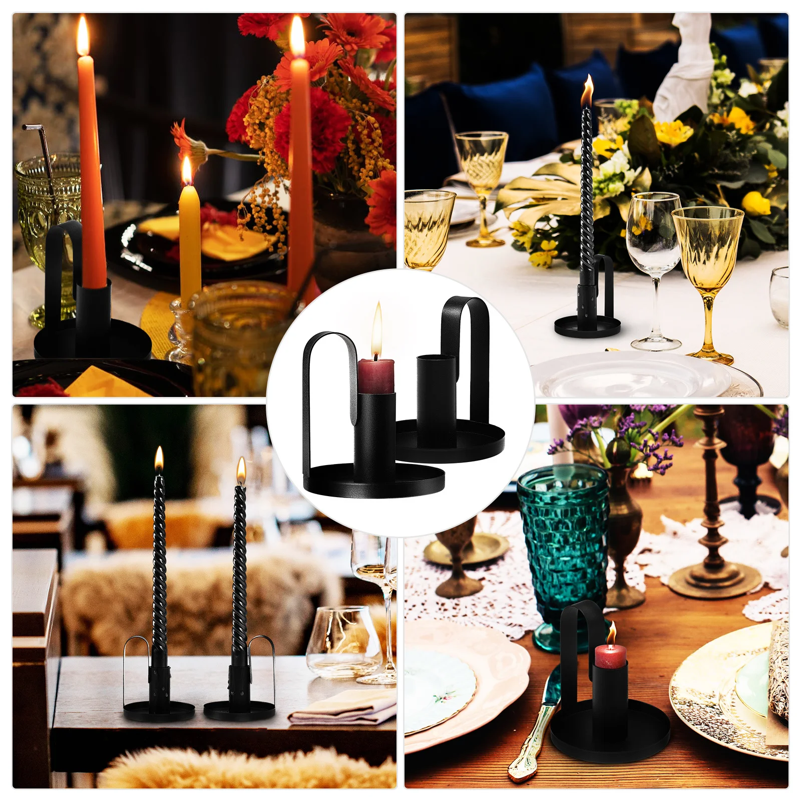 

2 pcs Black Holders Iron Vintage Candlestick Sturdy Handle For Table Mantel Bookshelf Bar Home Party Wedding Decor