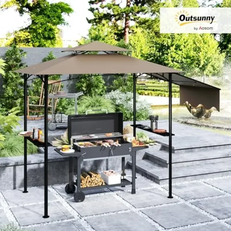 8' x 5' Grill Gazebo Double Tiered Outdoor BBQ Gazebo with Side Awning 2 Side Shelves and 6 Hooks for Patio Deck Yard Brown