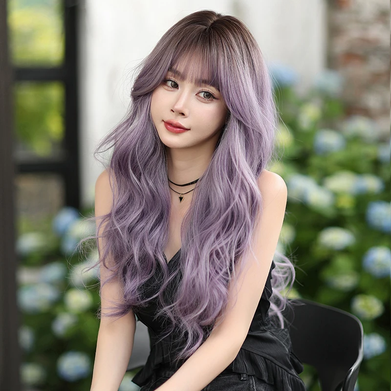 7JHH-peluca Lolita ondulada de cuerpo sintético para mujer, pelo morado con raíces oscuras, pelo en capas de alta densidad, amigable con los