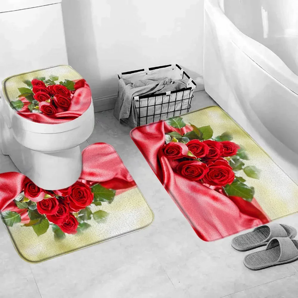 Red Rose Flower Bath Mat Set Fresh Florals Fields and Garden Plant Non-slip Toilet Lid Foot Rug Floor Mat Bathroom Accessory Set