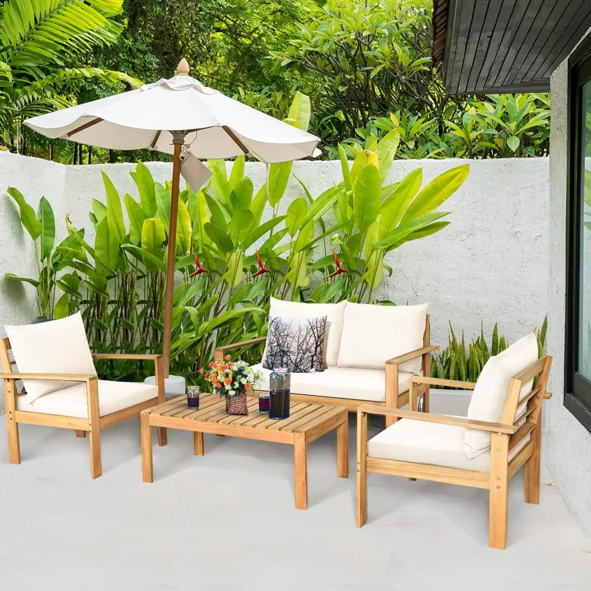 

COSTWAY 4 Pieces Outdoor Acacia Wood Sofa Set, Outdoor Conversation Sofa Set with Table & Cushions Porch Chairs for Garden, Pati