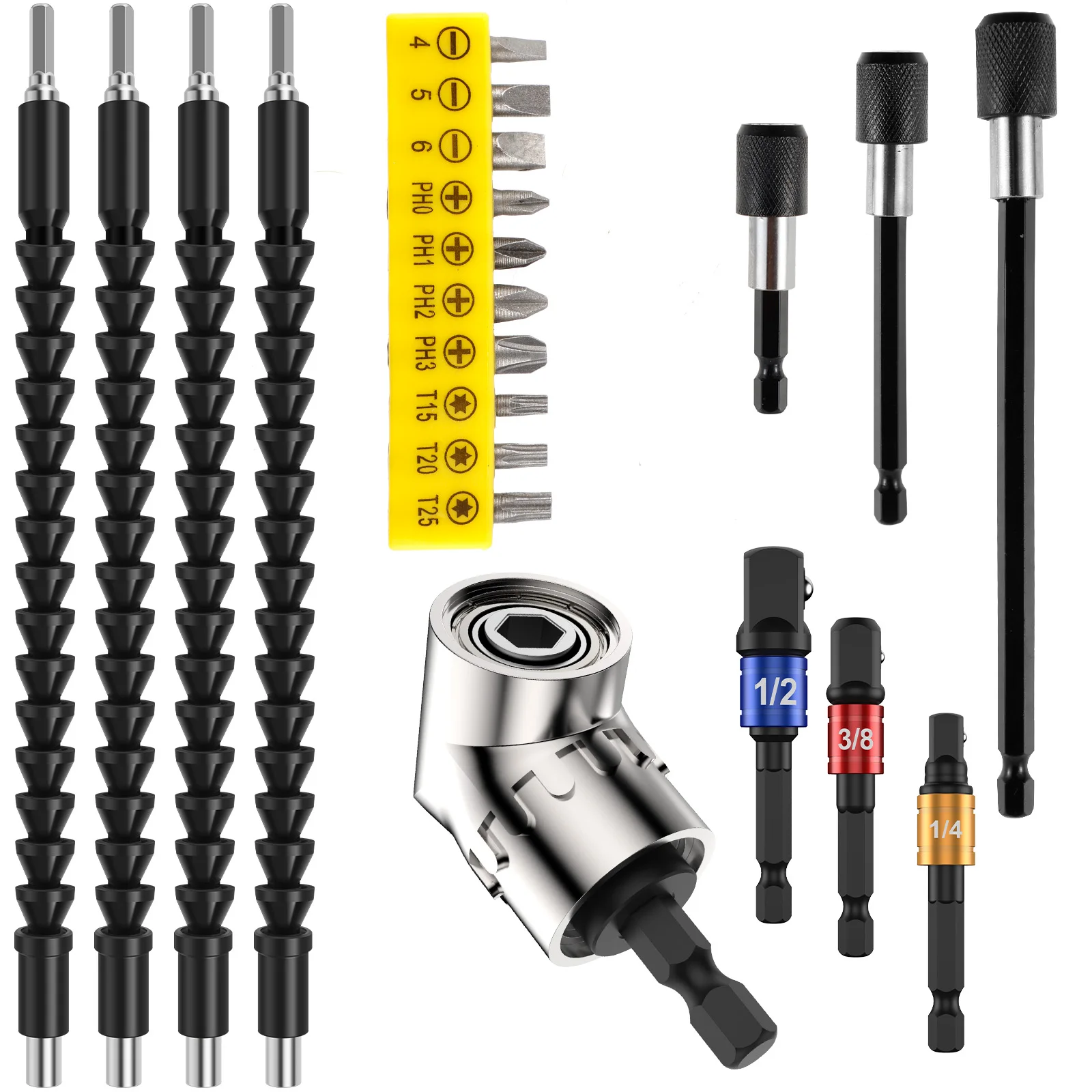 21Pcs Flexible Drill Extension Rod Kit 1/4inch Hex Shank Magnetic Drill Bit Extension Holder Kit with 105° Right Angle Drill