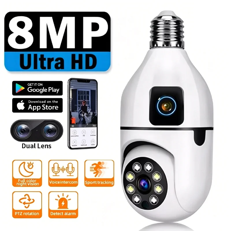8MP E27 Bulb WIFI Camera 8X Zoom Dual Lens Indoor Surveillance Human Tracking Wireless Two-way Audio Cameras Color Night Vision