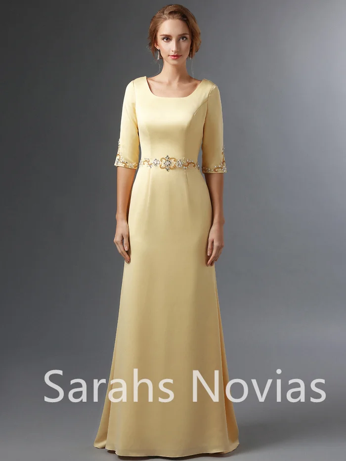 Yellow Satin Sheath Modest Mother Of The Bride Groom Dress For Wedding Square Half Sleeves Beading Women Wed Party Dresses