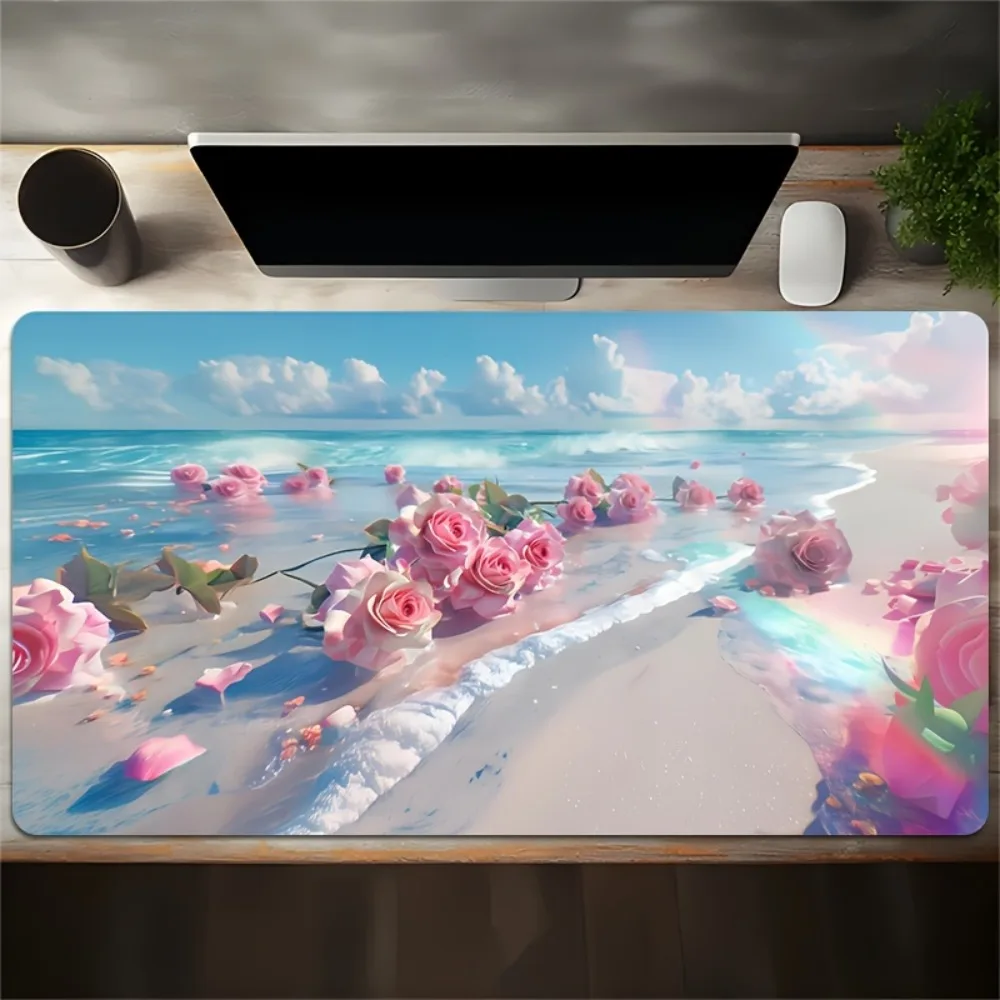 Grand tapis de souris rose à thème plage avec base antidérapante, organiseurs de bureau et plateaux, tapis de souris