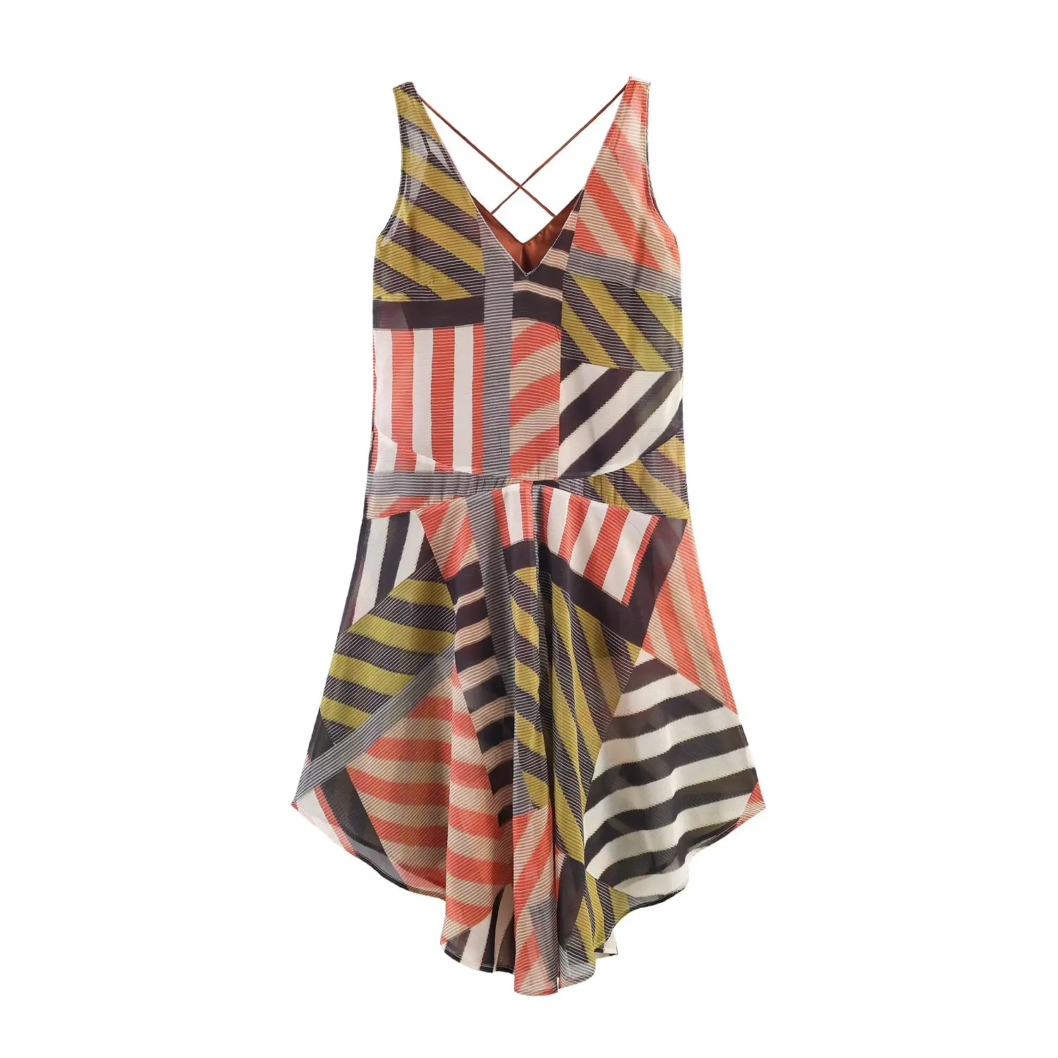 Damen Geometrisch Gestreiftes Slip-Kleid Sommer V-Ausschnitt Ärmelloses Kleid Gerafftes Loses Midi-Kleid Asymmetrisches Langes Kleid – Detail 2