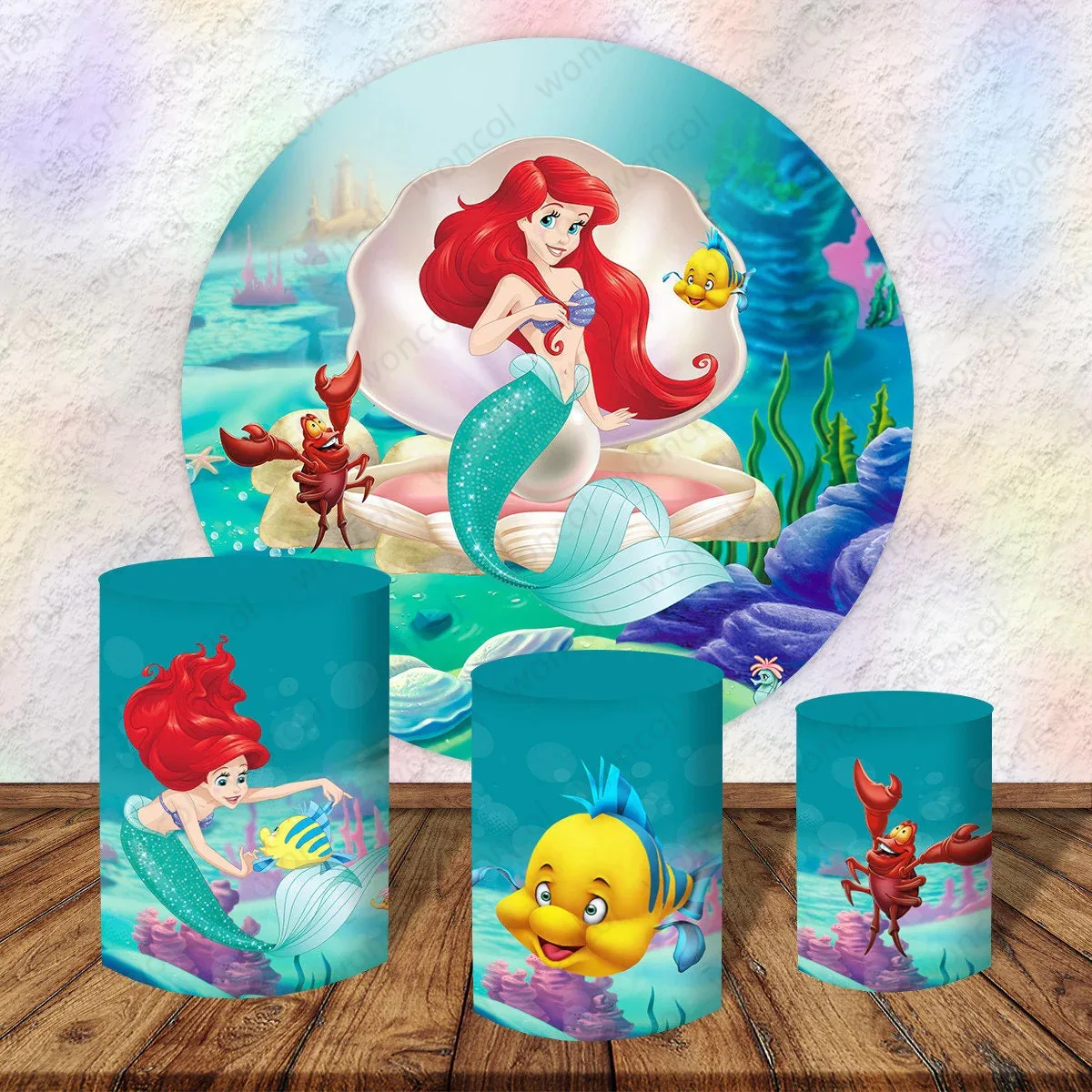 Disney Little Mermaid Round Backdrop Girls Birthday Baby Shower Backdrop Under The Sea Round Cylinder Cover Decoration Prop