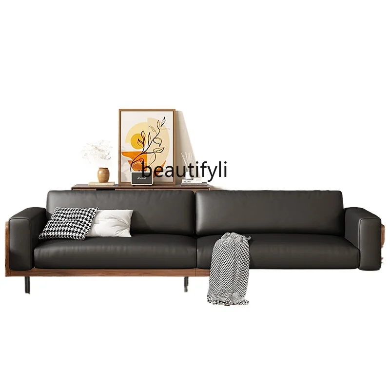 

Solid Wood Sofa Living Room Leather Sofa Straight Row Three-Person Cat's Paw Technology Cloth Sofa