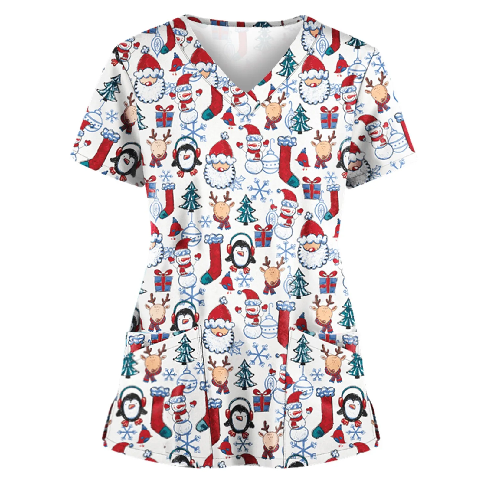 Sanitary Uniform Woman Cute Snowman Prints V-Neck Short Sleeve Pockets Christmas Tops Clinical Uniforms Woman