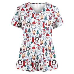 Sanitary Uniform Woman Cute Snowman Prints V-Neck Short Sleeve Pockets Christmas Tops Clinical Uniforms Woman