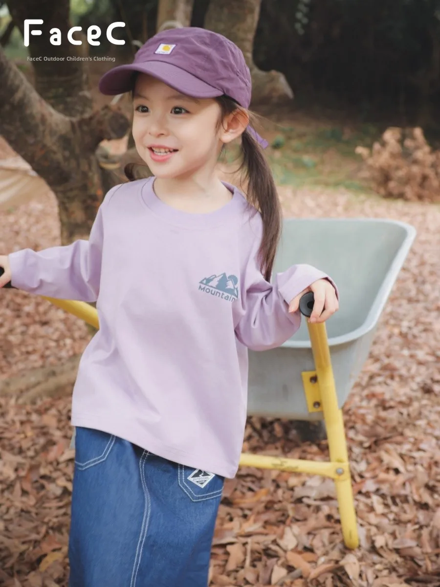 Pure Cotton Long Sleeve T-Shirt for Girls Outdoor Camping Sports Mountain Series Children's Clothing Spring Autumn Season