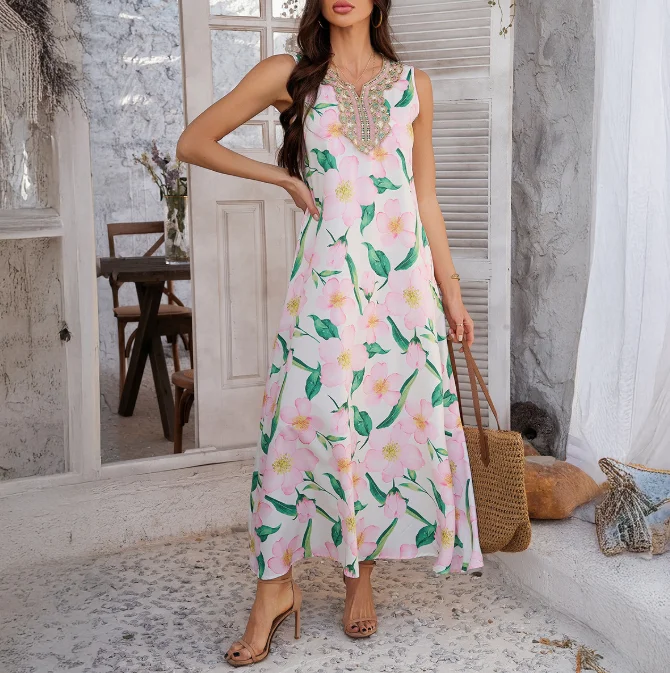 

Womens Dresses Summer Fashion Printed Contrasting Vacation Sleeveless A-Line Dress New Women's High Waist Bohemian Loose Dresses