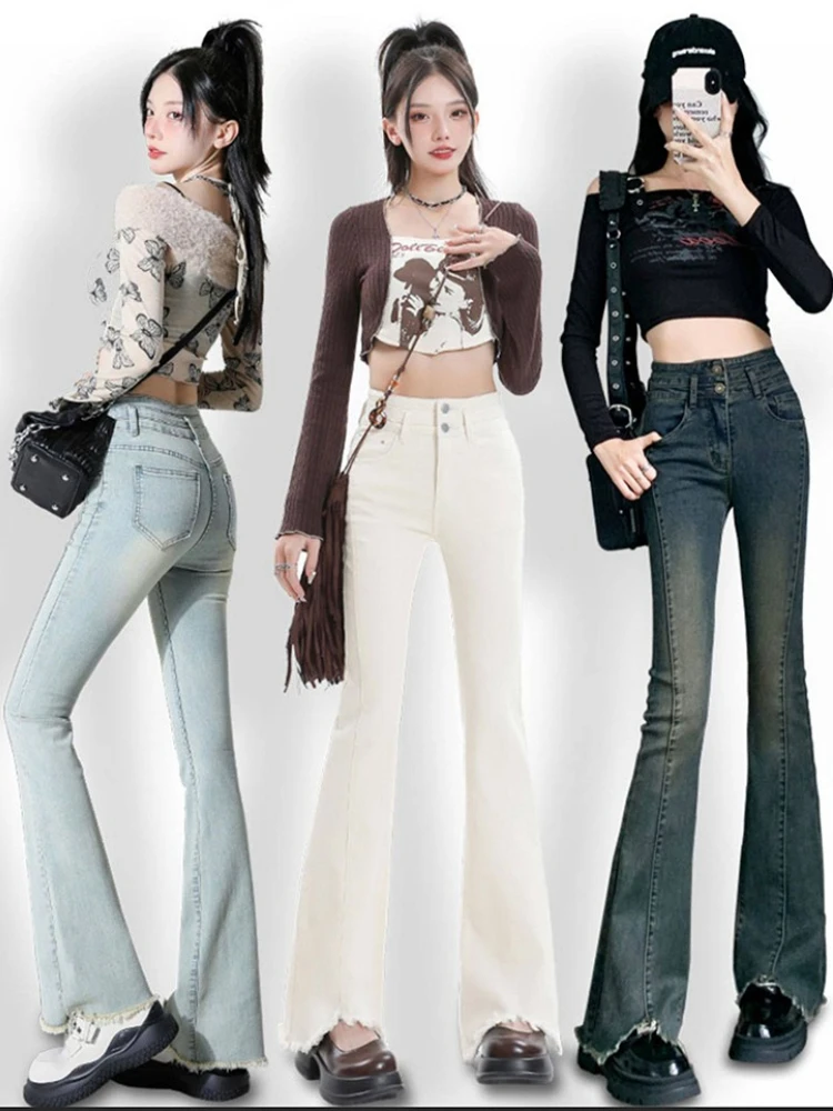 

Модные расклешенные джинсы женские, осень 2021, новые универсальные повседневные уличные расклешенные брюки с высокой талией и кисточками