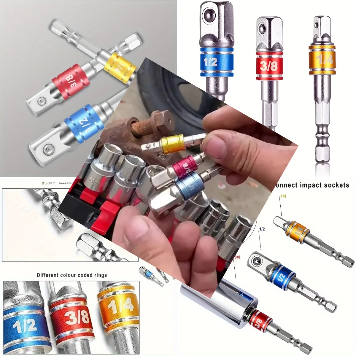 1/4 Inch Drive Hex Socket Set | Impact Adapter & Extension | Color-Coded SAE/Metric Wrench Tools | Drill Bit Accessories for Imp