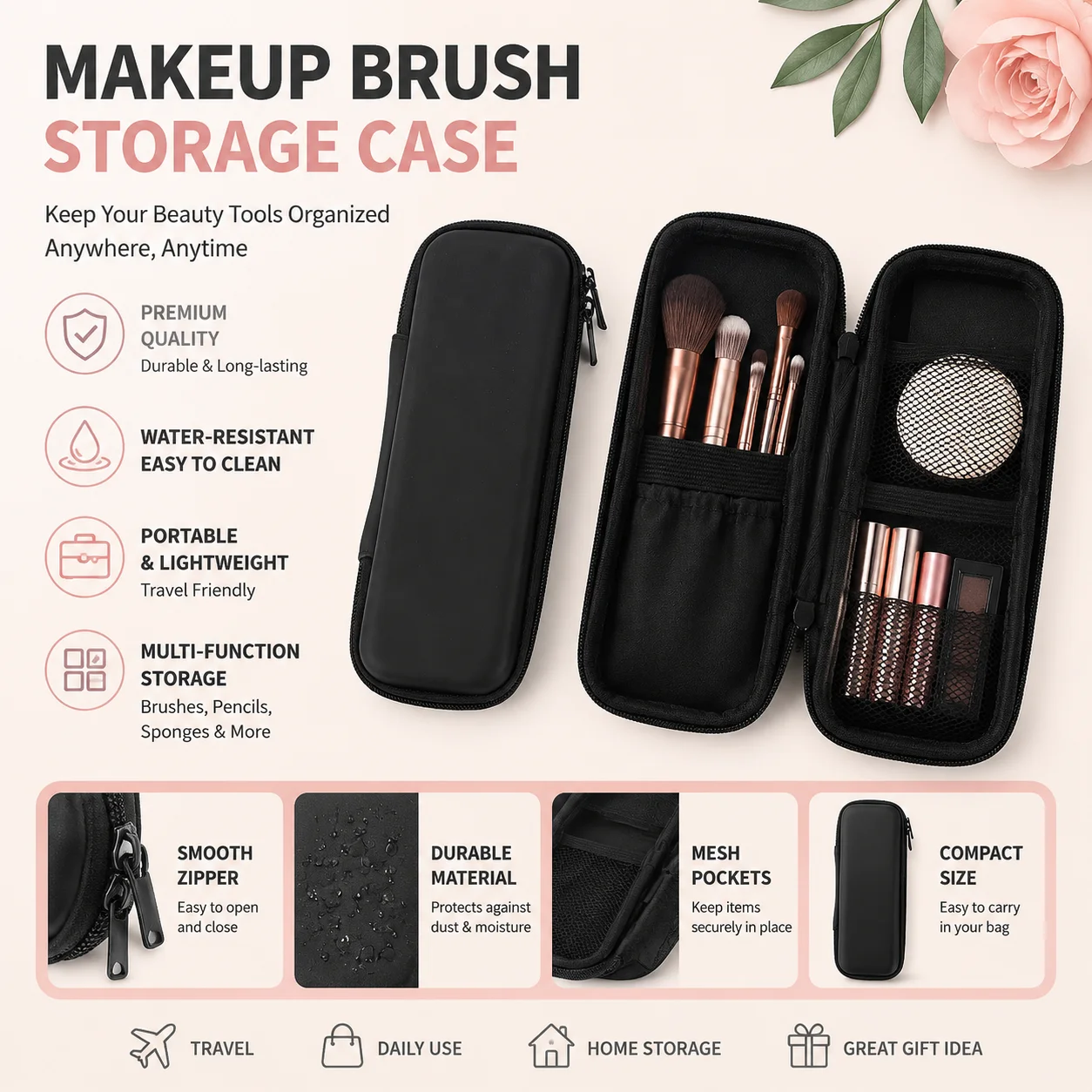 Portable Travel Makeup Brush Case, Black Waterproof Double Zipper Cosmetic Storage Bag Holder