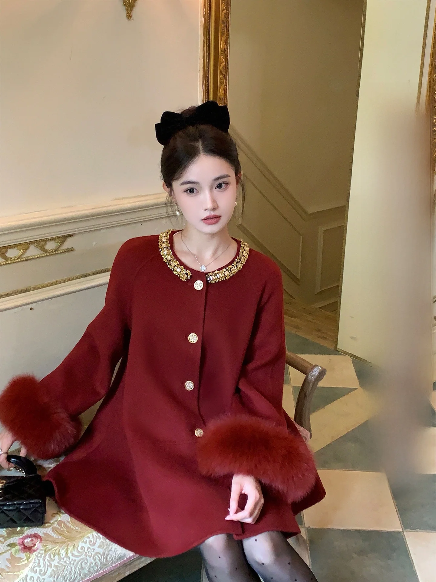 

Двустороннее шерстяное пальто с мехом из ледяного меха в романтическом стиле, верхняя одежда средней длины для женщин, насыщенная девушка, свободный крой принца