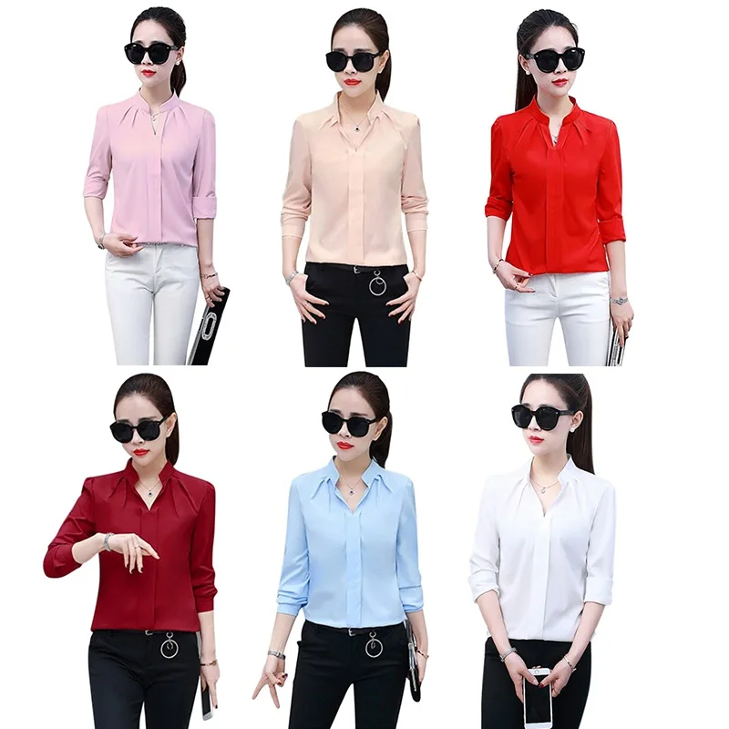 Women Ol Formal Long Sleeve Chiffon Shirt Breathable Summer Spring Fashion Sexy V-Neck Blouse Korean Version Fashion Office Tops