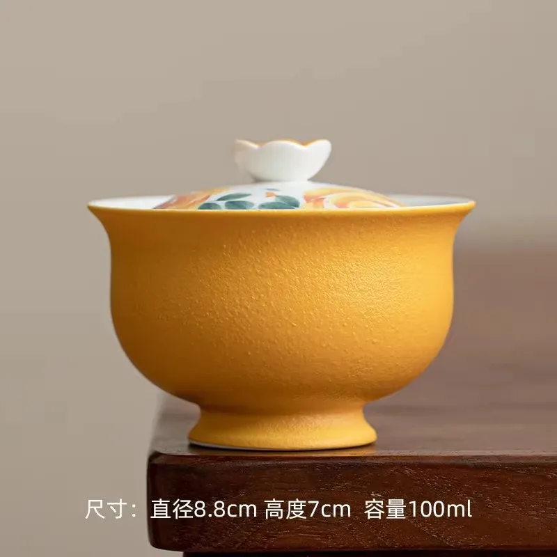 Chinese Style Hand Painted Yellow Ceramic Gaiwan, Kung Fu Tea Teacup, Porcelain Covered Bowl for Home Tea Ceremony Teaware Gift
