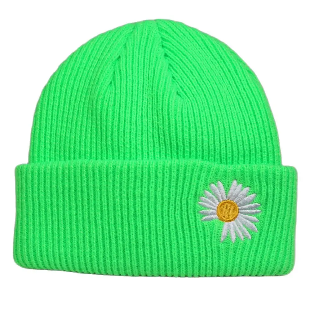 Unisex Bright Plain Neon Green Knit Beanie Short Ribbed Cuff Hat Winter Skullies Cap Ladies Teen