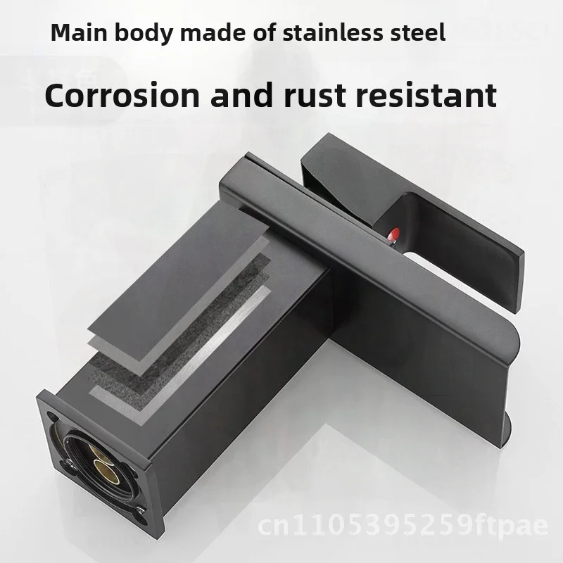 Black Copper Core Waterfall Faucet for Wash Basin Bathroom Toilet Modern Stainless Steel Hot And Cold Mixed Basin Mixer Tap 4
