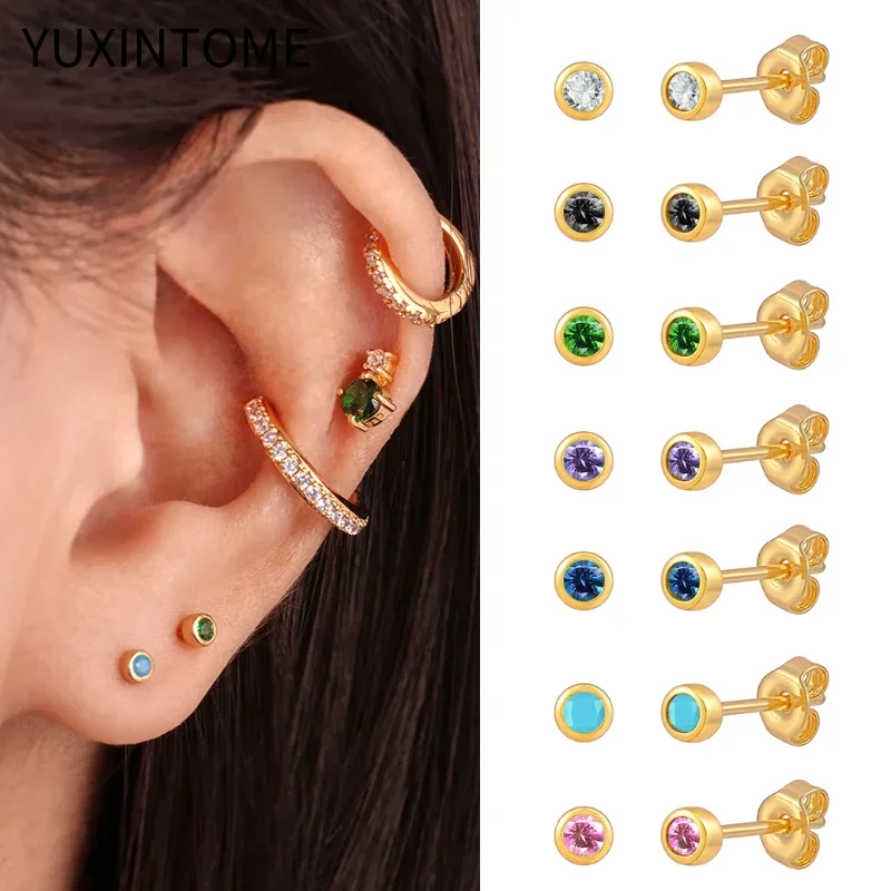 

925 Sterling Silver Ear Needle Minimalist Colorful Crystal Stud Earrings for Women Round Small Gold Earrings Fashion Jewelry