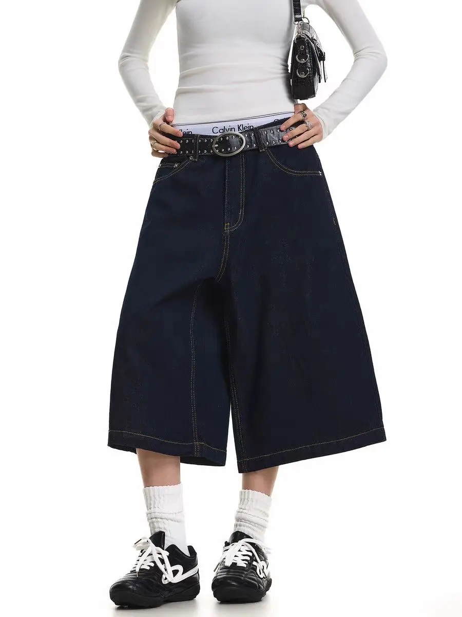 Summer Women's Multi-pocket Design Vintage Denim Shorts Y2k Cool Girl Wide Leg Pants Female Fashion Calf-length Trousers
