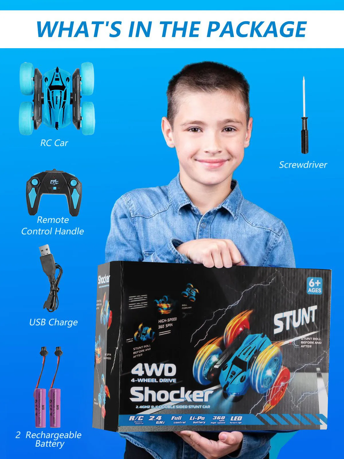 2.4G Double Sided RC Stunt Car 360 Degree Flip Rotating Remote Control Car with Light 2 Rechargeable Batteries Blue