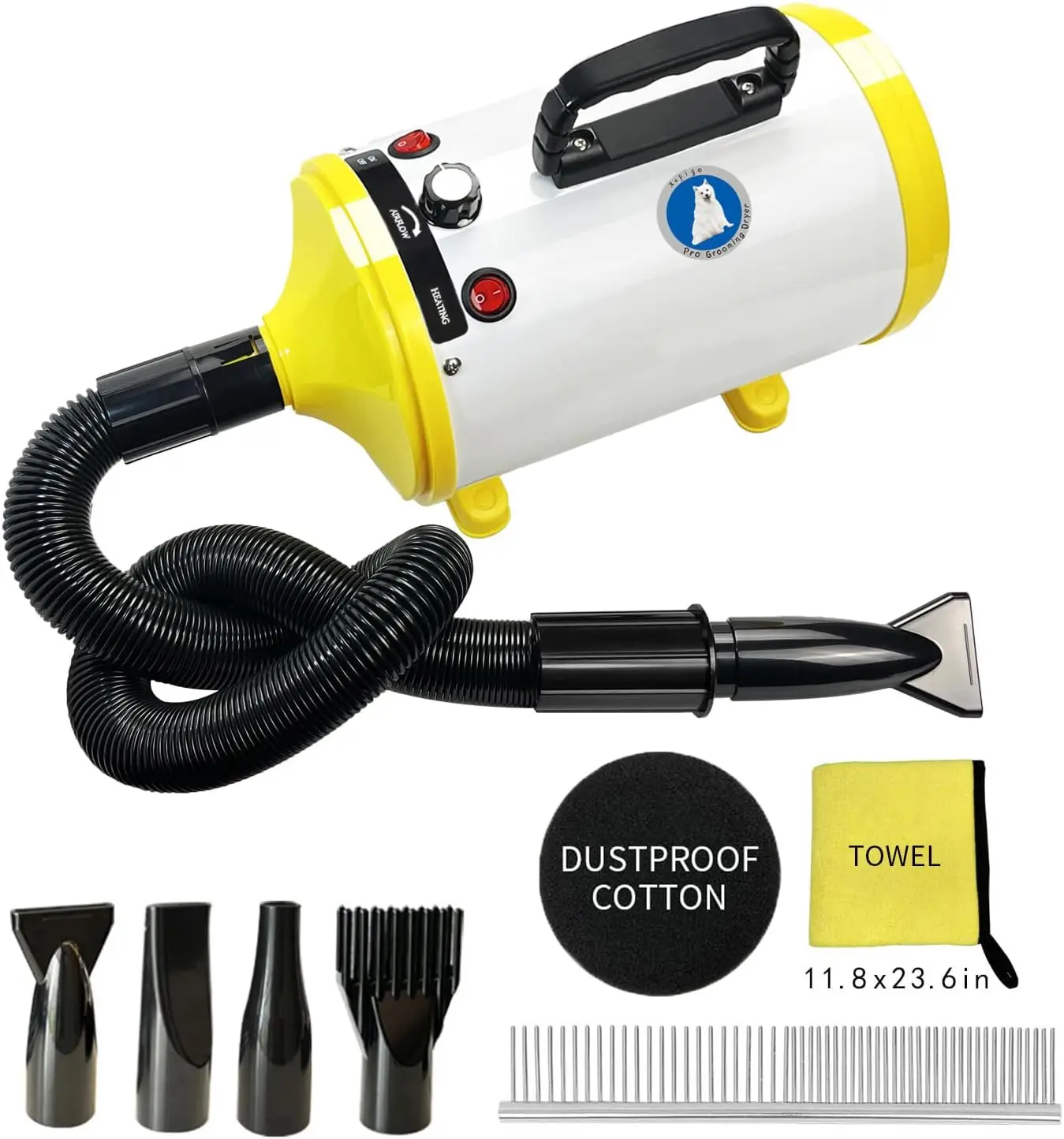 

oming Dryer With Adjustable Speed And Temperature Control, Dog Blow Dryer With 4 Nozzles (White Yellow)