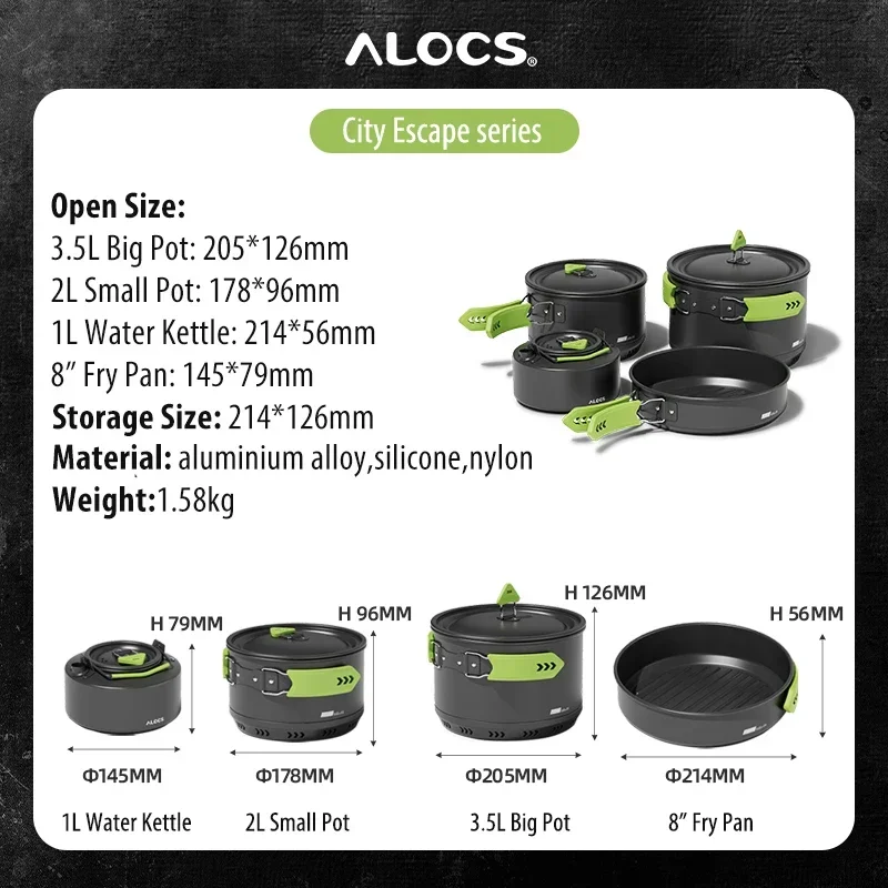 AlOCS Camping Cookware Pots Fry Pan Water Kettle Set Compact Mess Kit Gear for Backpacking Travel Picnic Aluminum Alloy