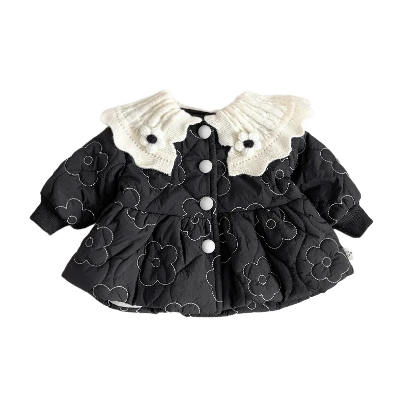 2024 Winter New Baby Girls Cute Peter Pan Collar Fleece Coat Infant Plus Velvet Thick Flower Coat Toddler Warm Padded Jacket