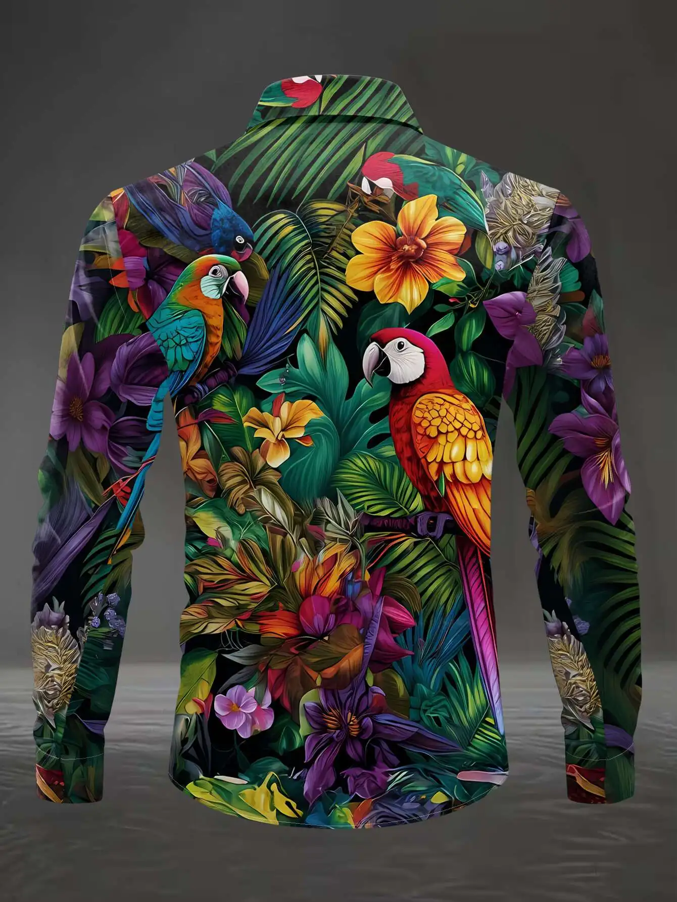 Fashion Men Button‑Up Shirt Rainforest Parrot Tropical Foliage Botanical Graphic Polyester Beach Holiday Casual