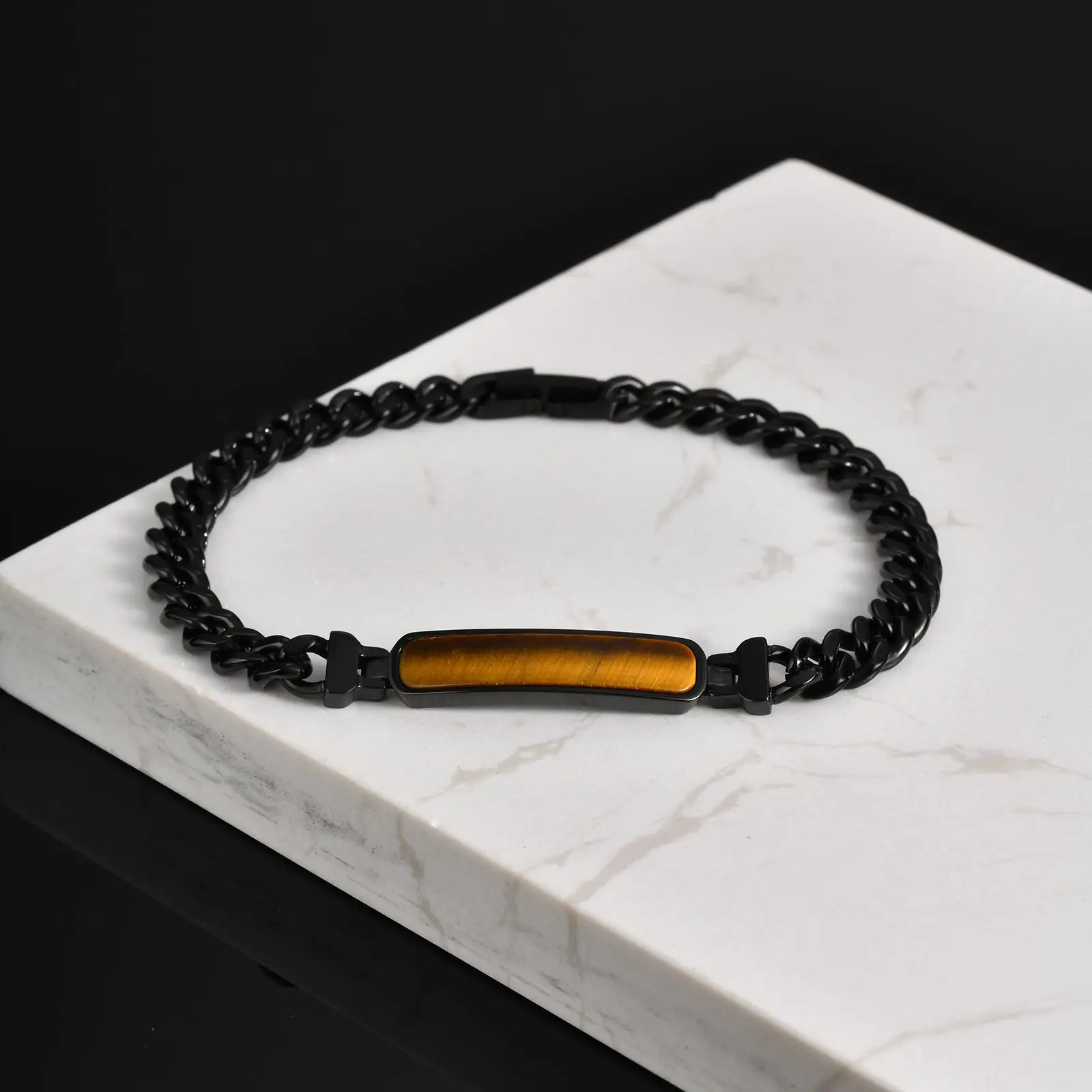 

Punk Natural Tiger Eye Stone Bracelet for Men, Stainless Steel Cuban Chain Bracelet, Fashion Simple Jewelry Birthday Gift