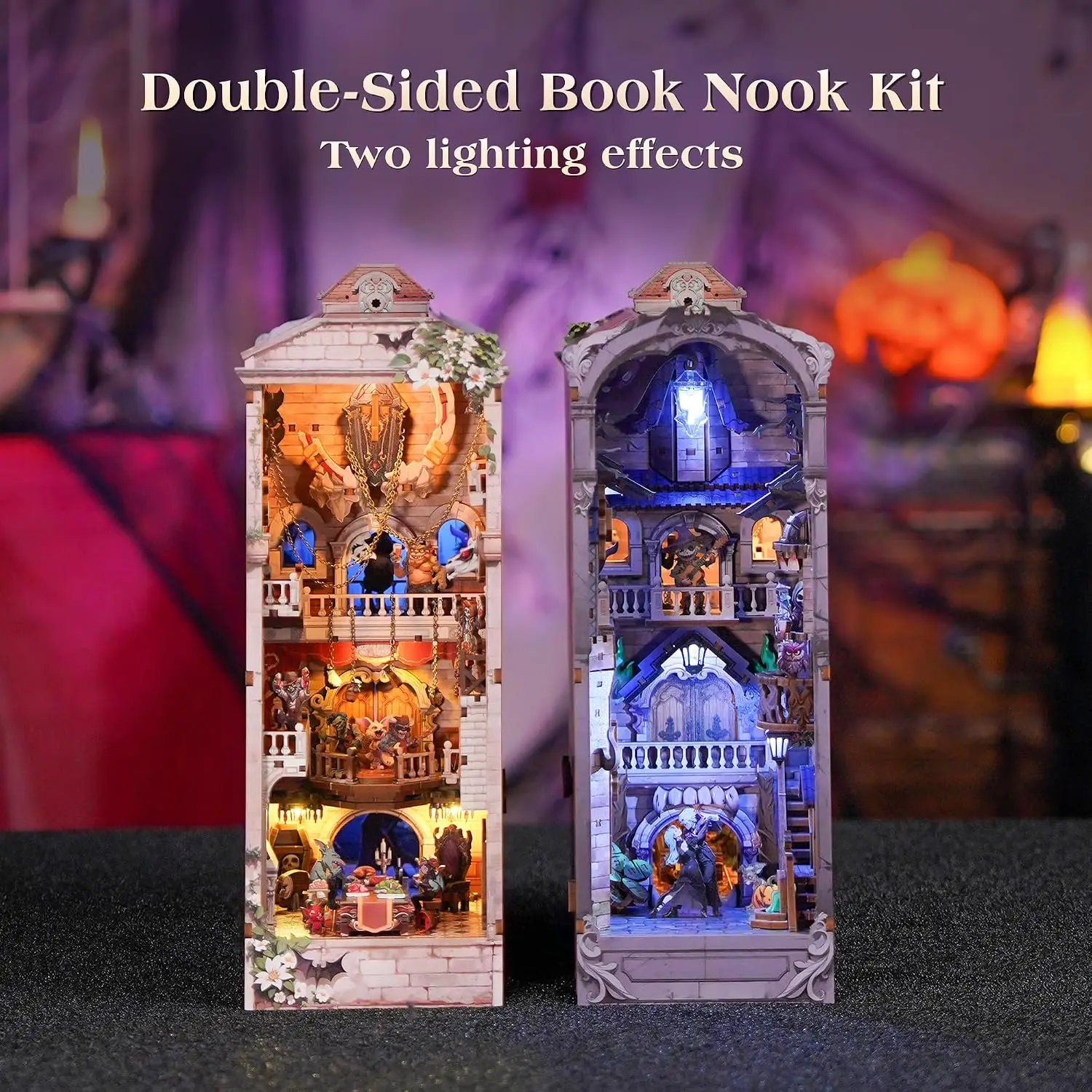 DIY Book Nook Kit for Adults, Double-Sided Booknook Wooden 3D Puzzle Bookend Miniature House Kit, Fantasy Bookshelf Decor with D