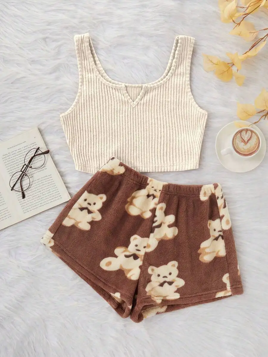 Ribbed Tank Top And Bear Print Brushed Shorts Pajama Set For Women Cozy Sleepwear Fall Winter