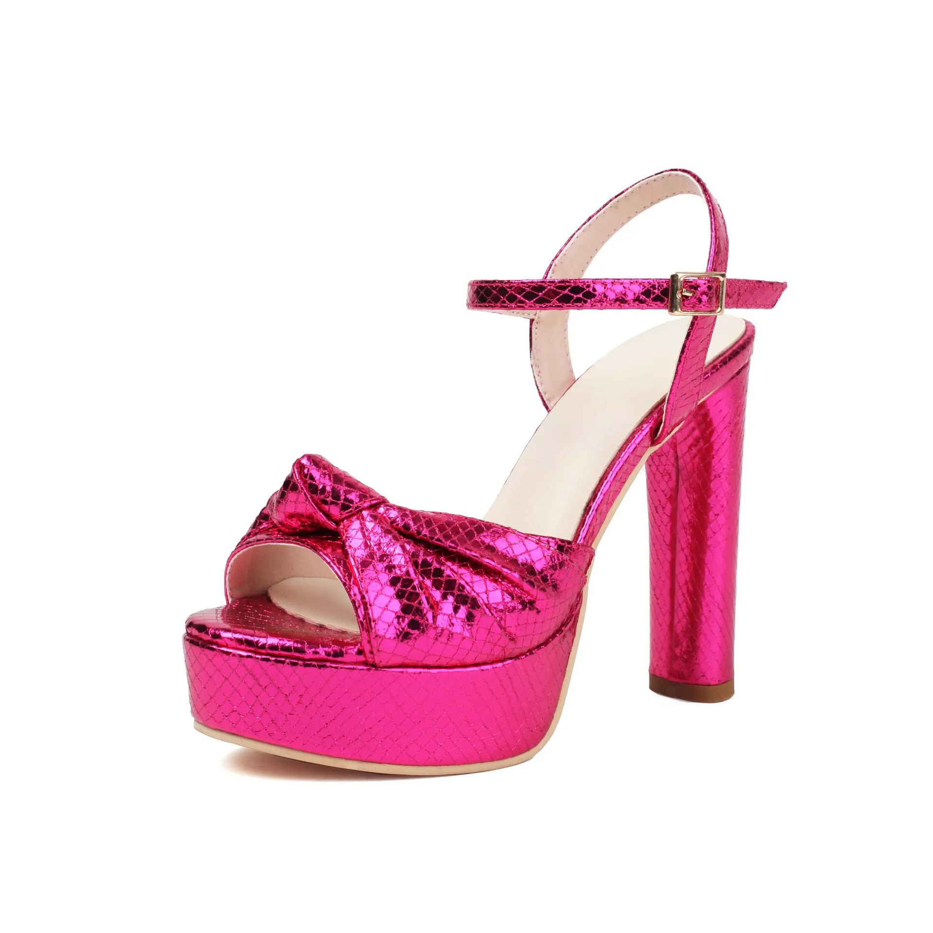 

Босоножки женские на платформе с бантом и пряжкой, блестящие кожаные туфли на очень высоком каблуке, открытый носок, обувь на блочном каблуке