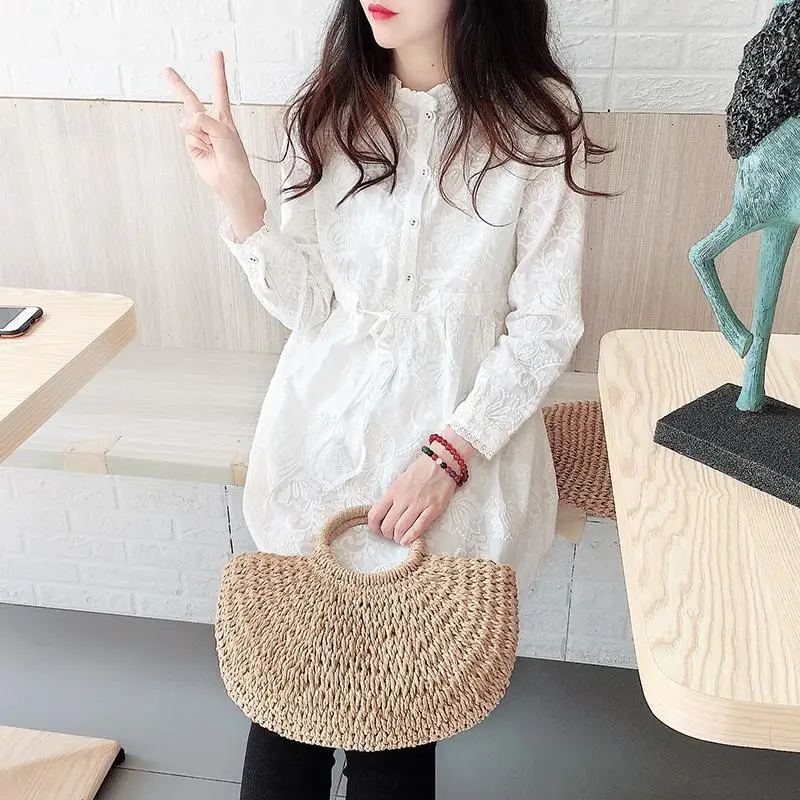 Doll Shirt Top Korean Version Medium Long Sweet Western-style Palace Style Embroidered Waist Cinching White Shirt Women\'s Skirt