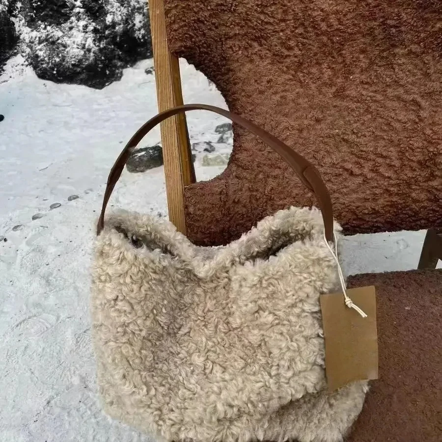 حقيبة نسائية خريف شتاء موضة فاخرة جديدة 2025 تقليد صوف الضأن حقيبة كتف حقيبة يد بسيطة مكتب المرأة حقيبة #5