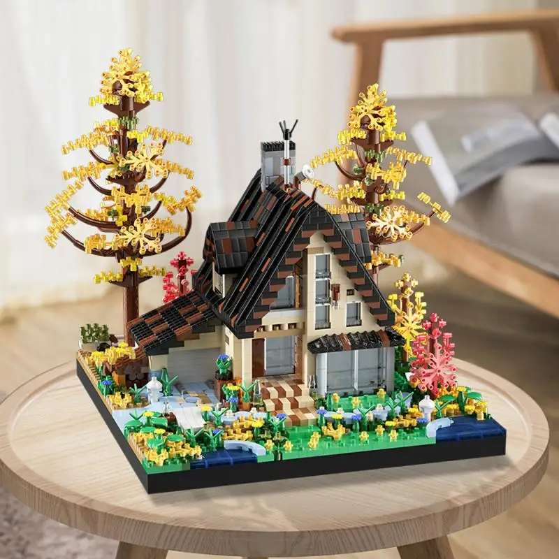 

Wooden House Building Block Lake Island Cabin Street View Assembly Brick Model Children's Educational Toy Home Decor Kid Gift