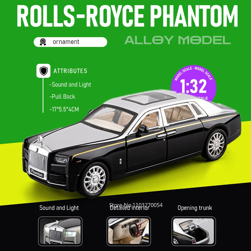 

Масштабная модель автомобиля Rolls Royce Phantom Cullinan 1:32 из литого сплава, с открывающимися дверями, звуком и светом, откатным механизмом, для декора книжной полки