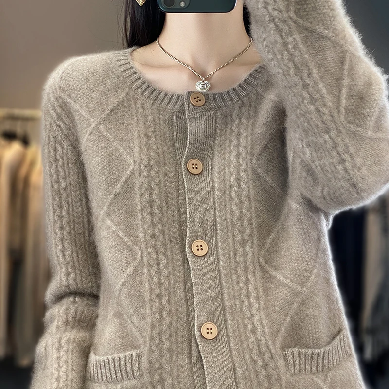 

2023 autumn and winter new 100 pure cashmere sweater women's round neck diamond twist flower cardigan loose sweater knit coat