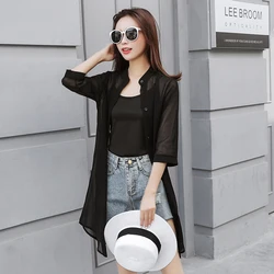 Summer Chiffon Shirts Cardigan Women Black White Red Long Top Korean Style Holiday Beach Sun-Protection Thin Coat