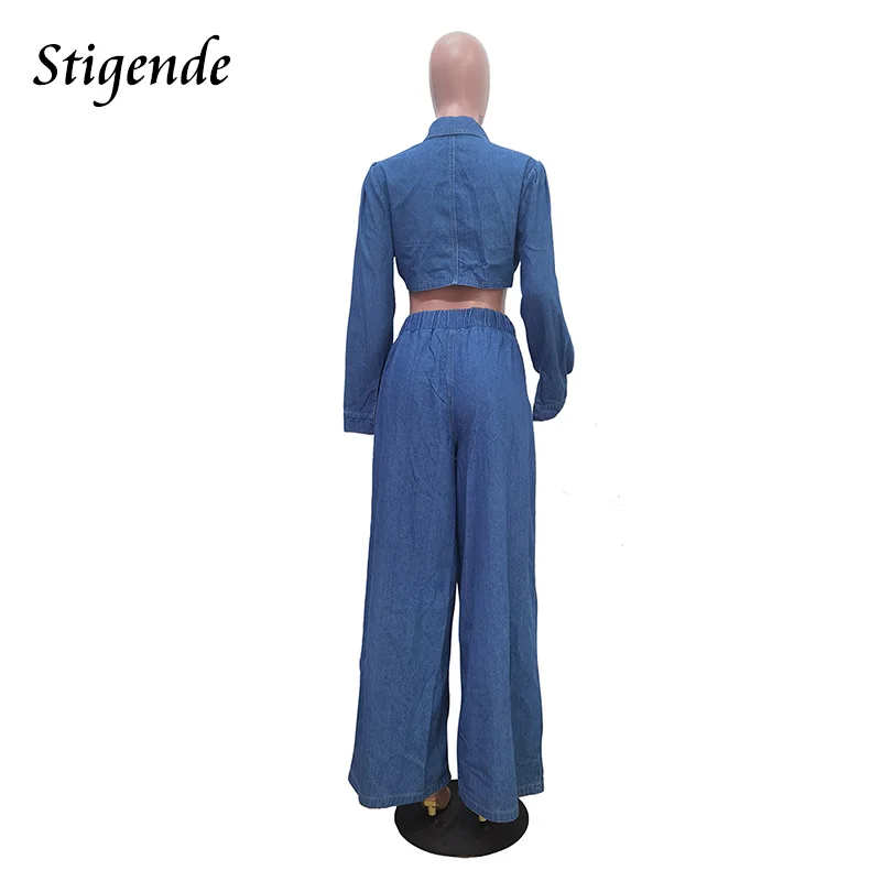 Stigende Loose Fit Denim 2 Piece Pants Set Women Long Sleeve Crop Top and Wide Leg Jeans