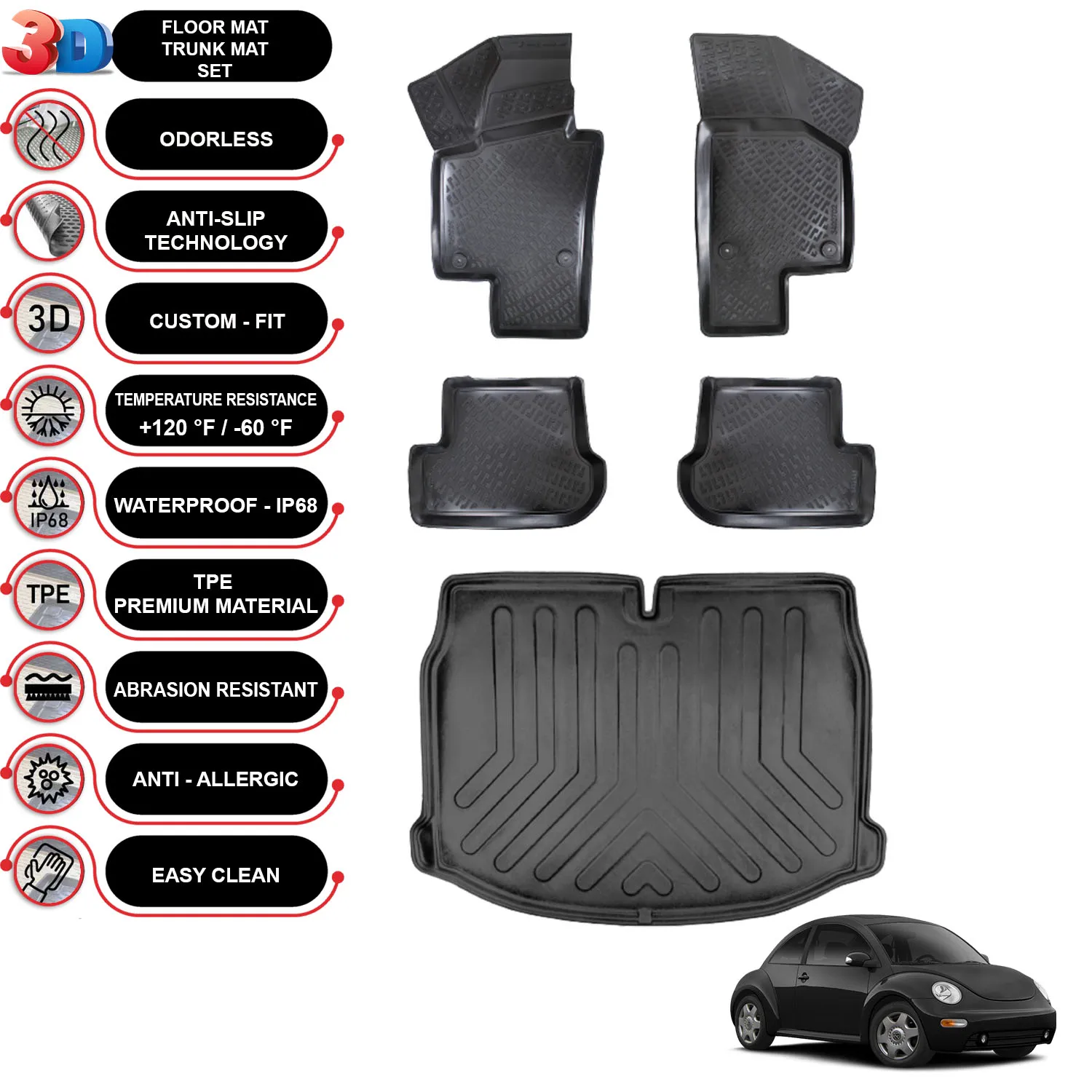 Volkswagen New Beetle - (1998-2011) - Floor Mats + Cargo Trunk Liner - SET