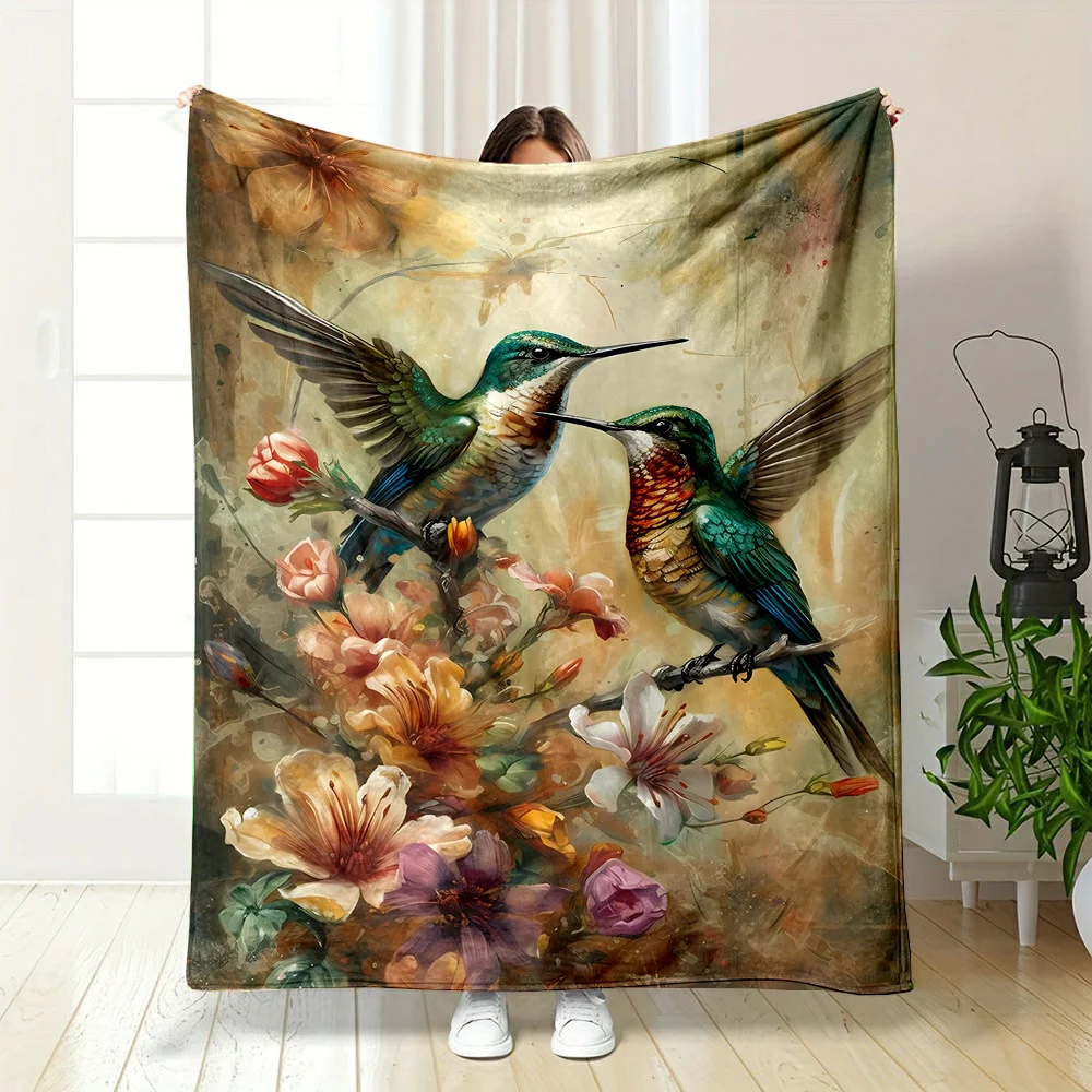 Cozy Hummingbird Floral Print Flannel Throw Blanket - Soft, Reversible, All-Season Comfort for Bed, Sofa, or Travel