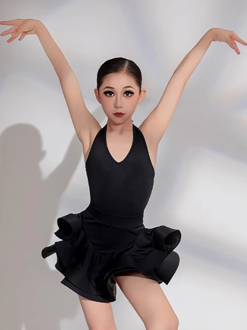 키즈 소녀 볼룸 전문 의상 어린이 등이없는 점프 슈트와 더블 레이어 피쉬본 스커트 현대 무용 의류