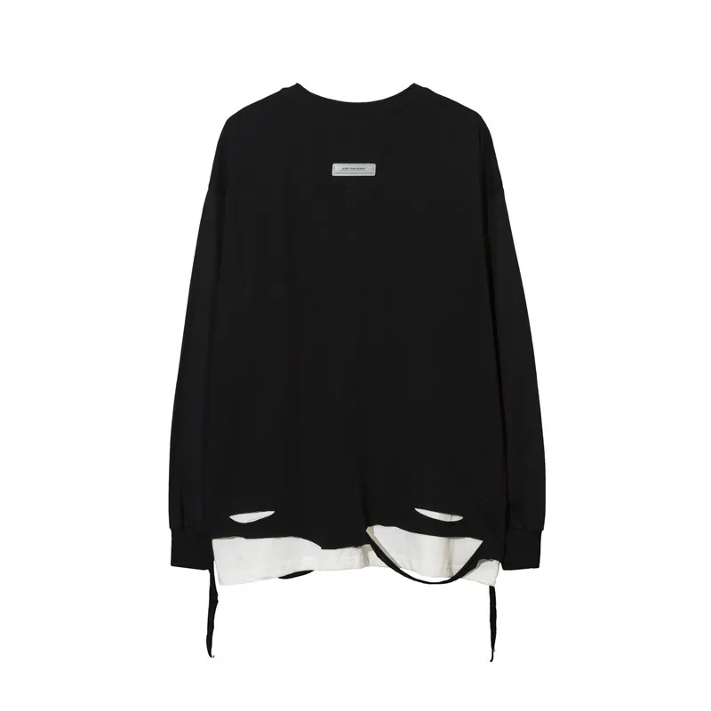 Spring Autumn Dark Style Fake Two-Piece Design White Round Neck Long Sleeve T-Shirt for Men Simple Loose Casual Black Top