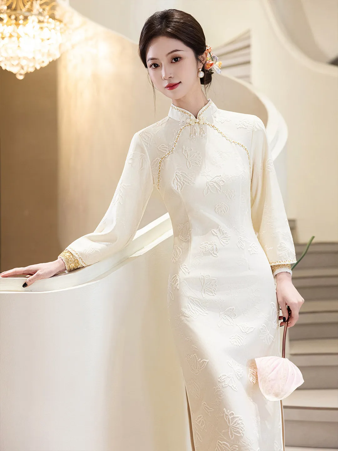

White Winter Wedding Dr New Chinese Sle Reformed Daily Wear Embroidered Long Sve Engagement Bride to Be Cus Made