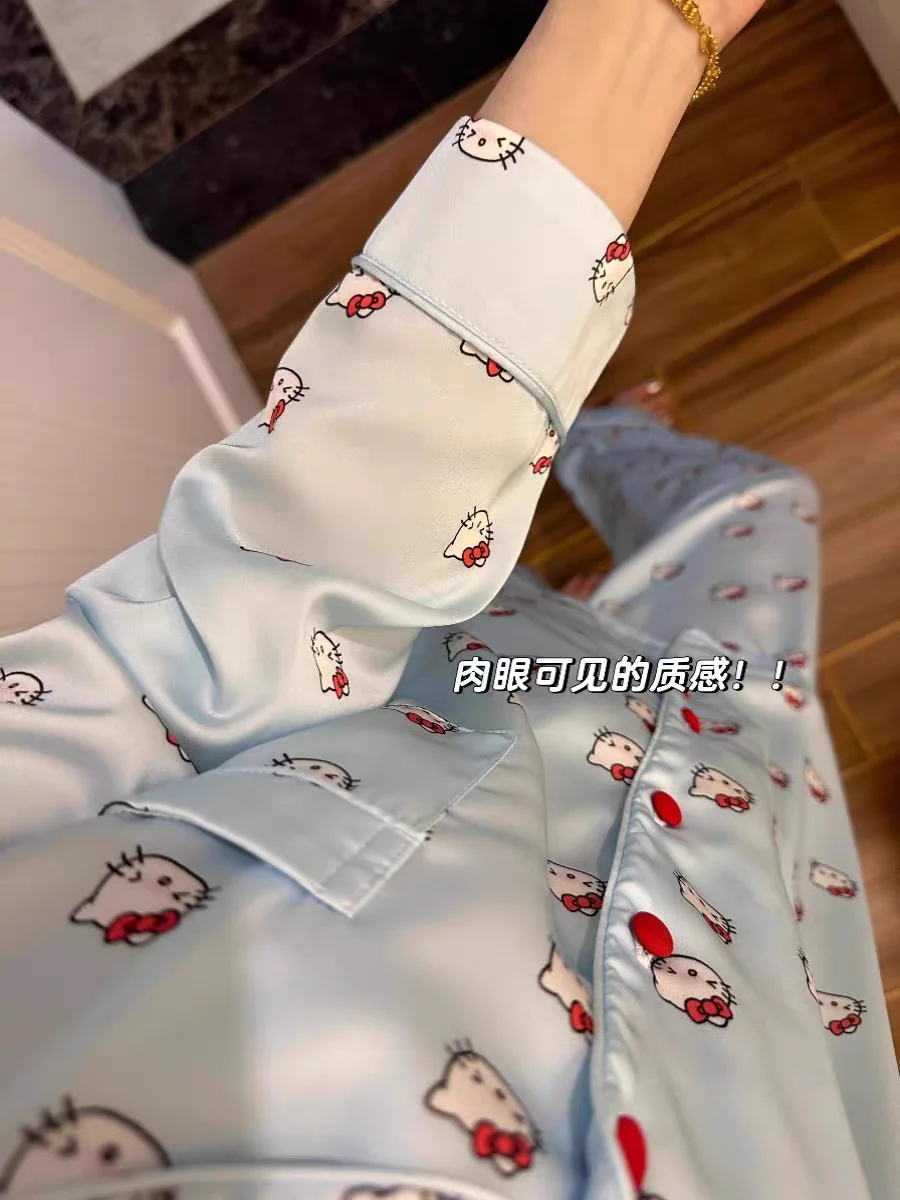 Blue Hello Kitty Cute Cartoon Pajamas For Women In Spring And Autumn, Silky Long Sleeved Casual 2 Pcs Pimamas Home Suit Set