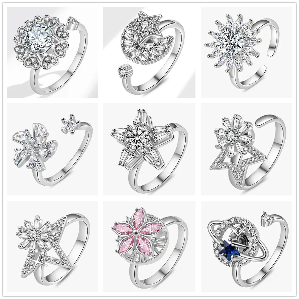 Sunflower Rhinestone Metal Fidget Spinner Ring for Women Anti-Anxiety Relief Spinning Knuckle Ring Jewelry Gift